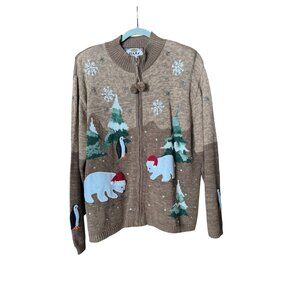 Tiara International Christmas Winter Sweater Brown Penguin Polar Bear